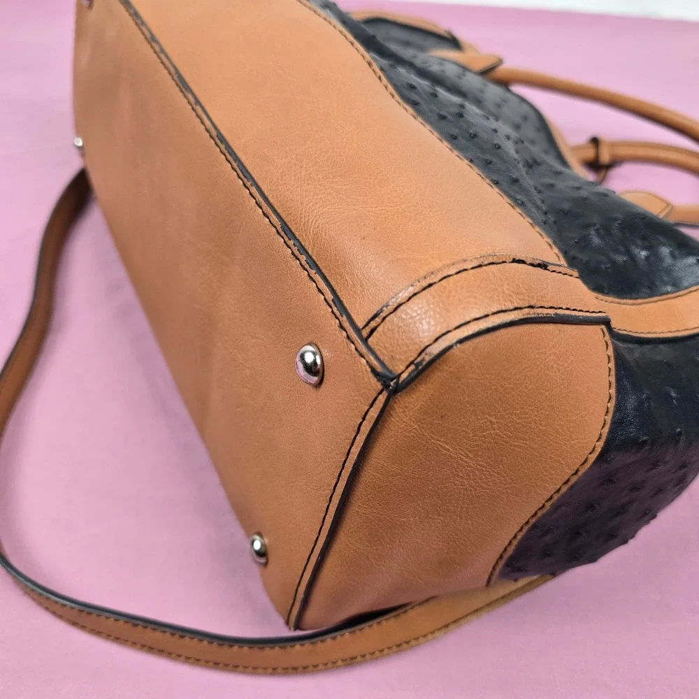 London Fog Black Ostrich Embossed Cognac Brown Satchel Handbag w/ Shoulder Strap